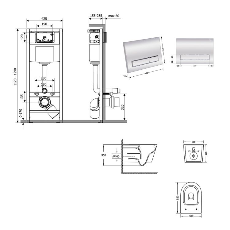 Готове рішення Qtap для ванної кімнати: підвісний унітаз Jay Ultra Quiet 520x360x320 + комплект інсталяції Nest 4 в 1 (лінійна клавіша Chrome) - 2
