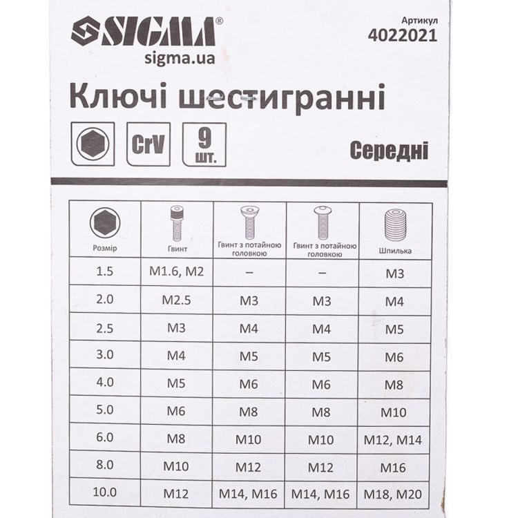 Ключі шестигранні 9шт 1,5-10мм CrV (середні) Sigma (4022021) - 7