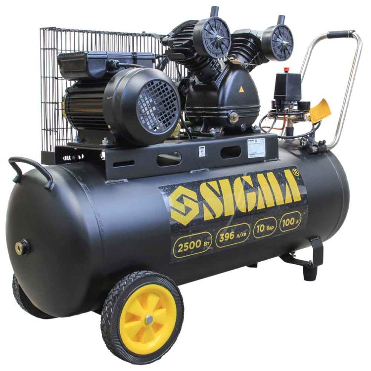 Компресор двоциліндровий ремінною 2.5 кВт 396л/хв 10бар 100л (2 крана) Sigma (7044151) - 3