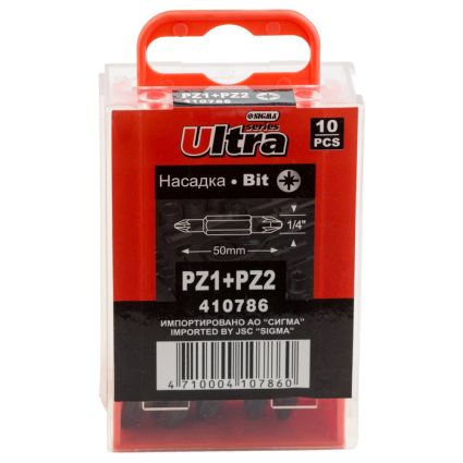Набор бит двухсторонних PZ1-PZ2x60мм 1/4&amp;quot; 10шт S2 (пласт кейс) ULTRA (4011402) - 2