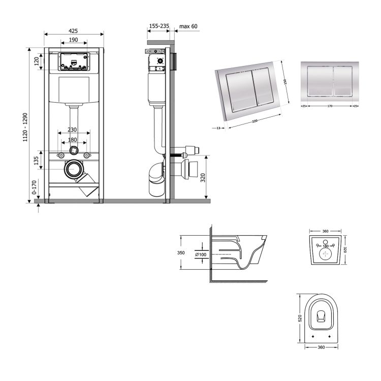 Готове рішення Qtap для ванної кімнати: підвісний унітаз Swan Ultra Quiet 520x360x320 + комплект інсталяції Nest 4 в 1 (квадратна клавіша Chrome) - 2