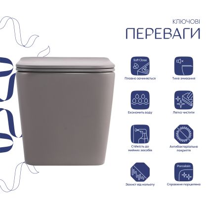 Унітаз підвісний Tern Ultra Quiet 490×365×325 мм, Stone grey, з сидінням Slim Duroplast / Soft-close / Quick Release QT17332303ASSG Qtap - 3