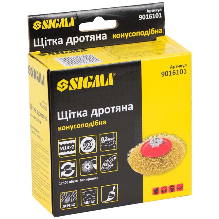 Щетка проволочная конусообразная Ø100мм М14×2мм (латунированная) Sigma (9016101) - 2