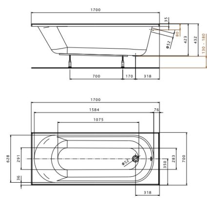 Ванна прямокутна 170x70 см Opal Plus акрил без ніг Kolo - 2