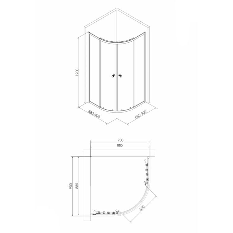 Душ.кабина CADIZ 90-R 1039.114501 полукруглая, 90*90*190см раздвижная, стекло прозрачное VOLLE - 3