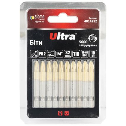 Біти PH2×50мм ¼ &amp;quot; 10шт S2 TIN (блістер) ULTRA (4014212) - 1