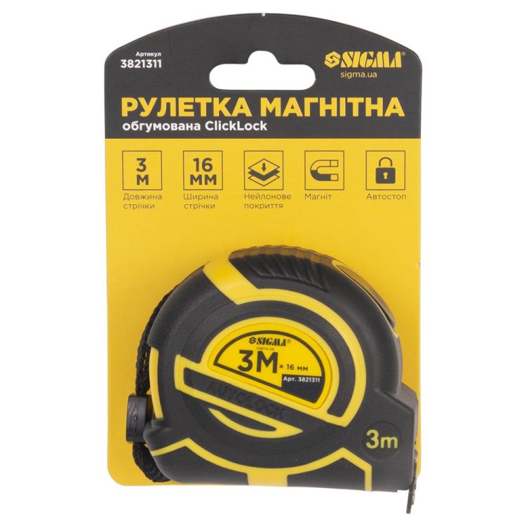 Рулетка магнитная обрезиненная ClickLock нейлоновое покрытие автостоп 3м×16мм SIGMA (3821311) - 8