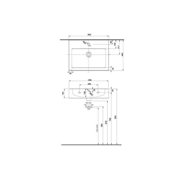TWINS умивальник прямокутної раковиною з отвором,з переливом 60*46 см (пол.) - 2