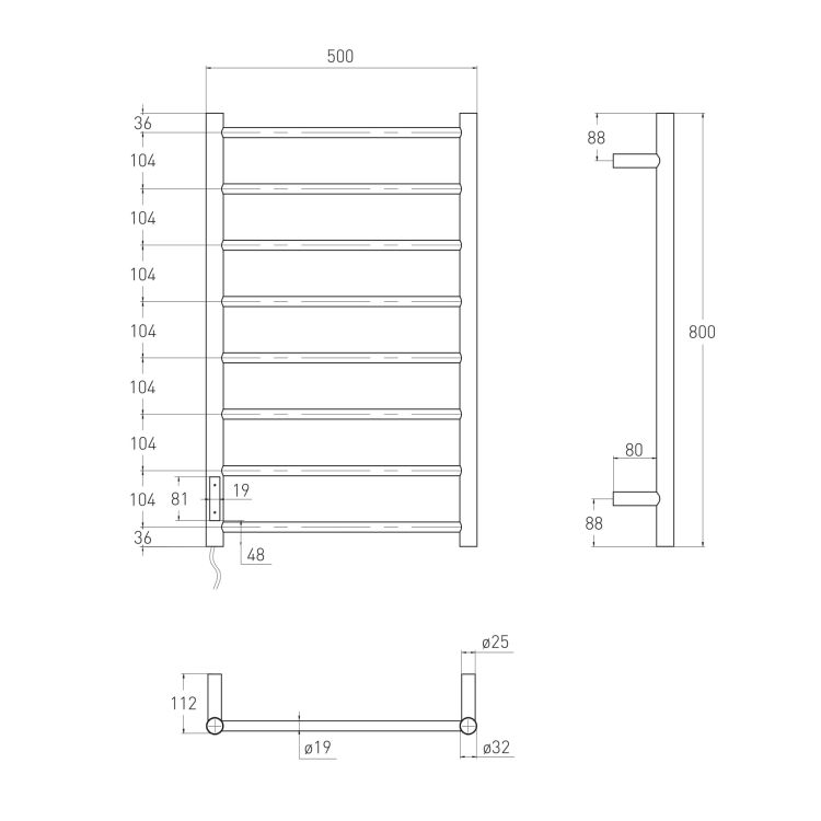 Rondo електричний полотенцесушитель L, 120W, 500 * 800мм, сталь 304, 8 перемичок коло, таймер, термостат 70 ° з, blanco - 2