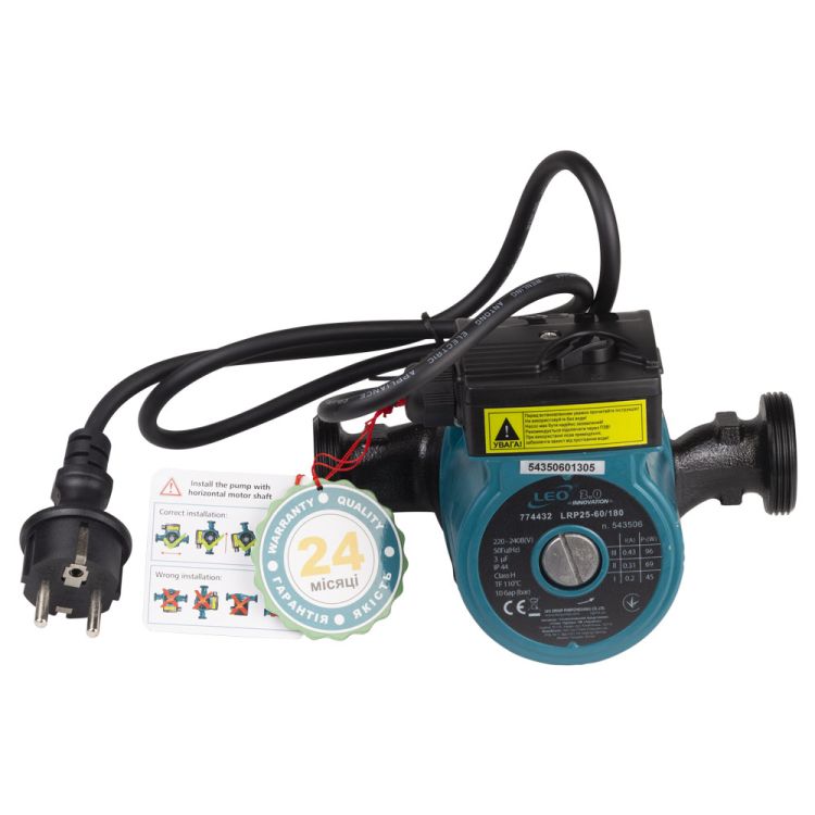 Насос циркуляційний Aquatica 774432 96Вт Hmax 6м Qmax 66л/хв Ø1½&amp;quot; 180мм + гайки Ø1&amp;quot; Leo 3,0 - 8