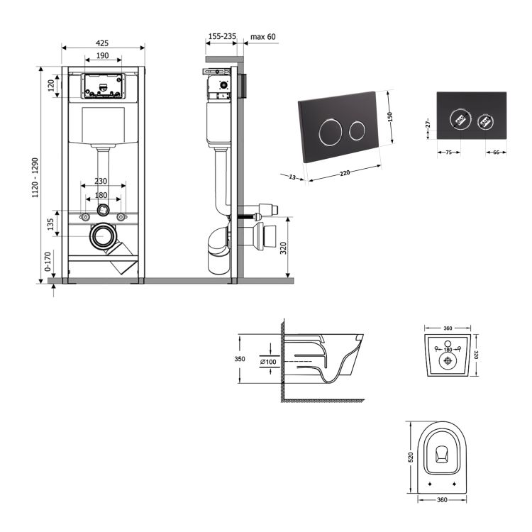 Готове рішення Qtap для ванної кімнати: підвісний унітаз Jay Ultra Quiet 520x360x320 + комплект інсталяції Nest 4 в 1 (кругла клавіша Black mat) - 2