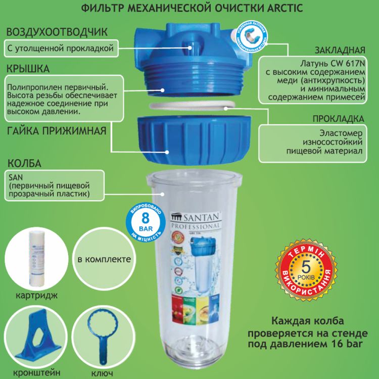 Фильтр для очистки воды SANTAN Arctic 3PS, 1&amp;amp;quot; (корпус+сетка, крепление и ключ) - 3