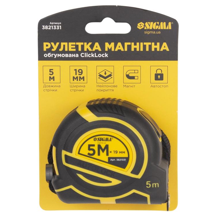 Рулетка магнитная обрезиненная ClickLock нейлоновое покрытие автостоп 5м×19мм SIGMA (3821331) - 8