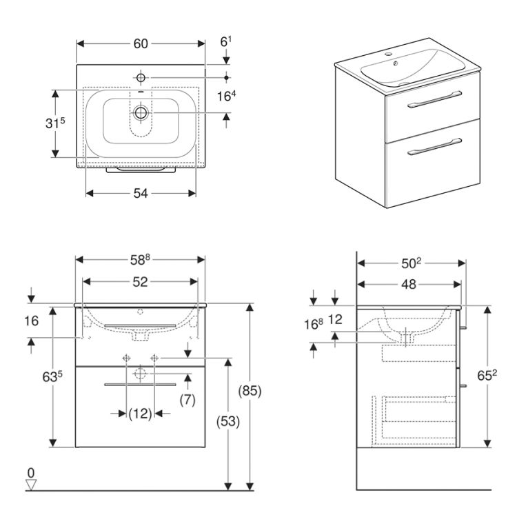 SELNOVA Square комплект: умывальник встроенный Slim Rim, с тумбой 58,8*50,2см, с 2мя ящиками, цвет белый глянец - 2