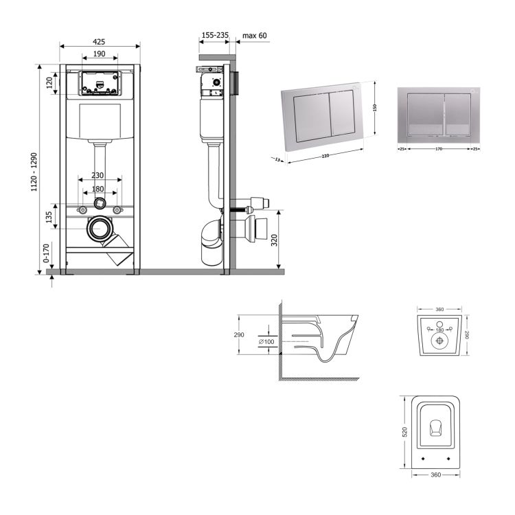 Готове рішення Qtap для ванної кімнати: підвісний унітаз Crow Ultra Quiet 520x360x290 + комплект інсталяції Nest 4 в 1 (квадратна клавіша Satin) - 2