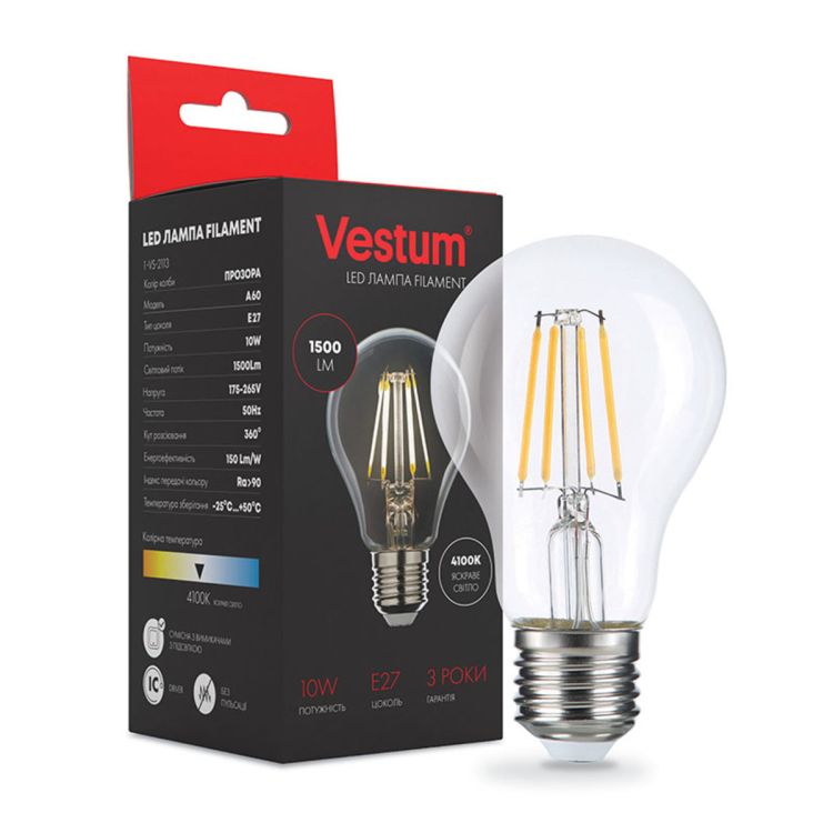 Лампа LED Vestum филамент А60 Е27 10Вт 220V 4100К - 1