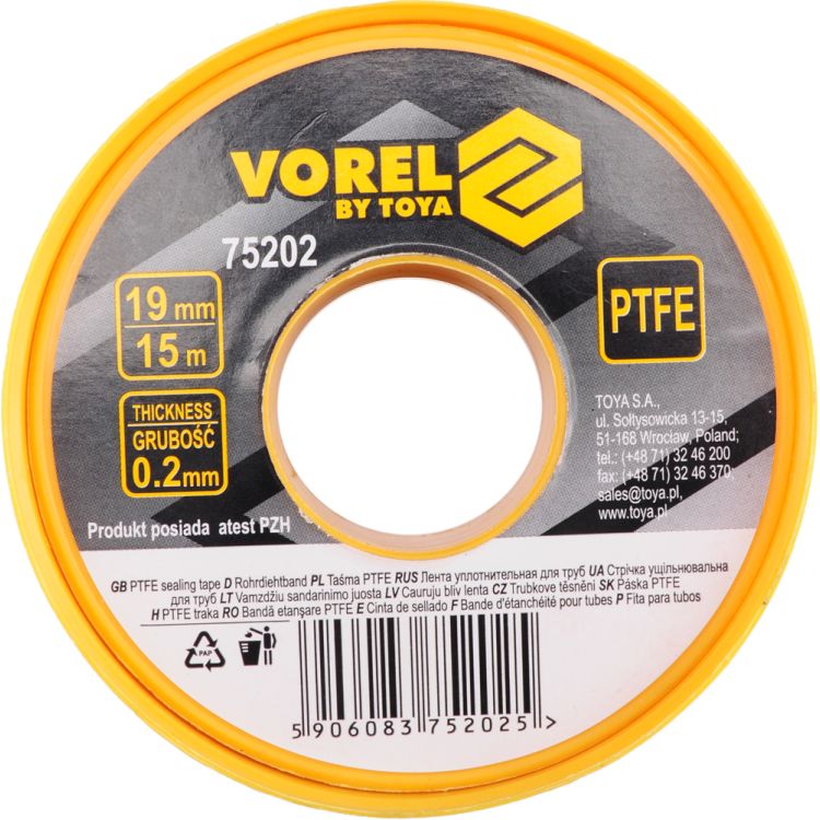 Фум-лента Vorel тефлоновая уплотнительная, l=15м, b=19мм, h=0,2 мм 75202 - 1