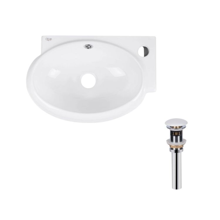Комплект Qtap Leo: Раковина підвісна овальна права 430x290x140 мм White + Донний клапан PU02O - 1