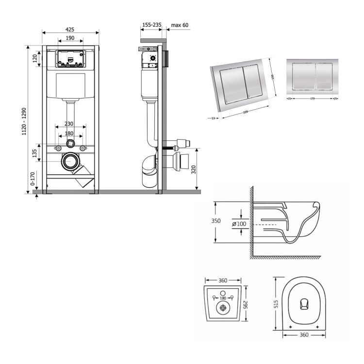 Готове рішення Qtap для ванної кімнати: підвісний унітаз Taurus Ultra Quiet 515×360×350 + комплект інсталяції Nest 4 в 1 (квадратна клавіша Chrome) - 2