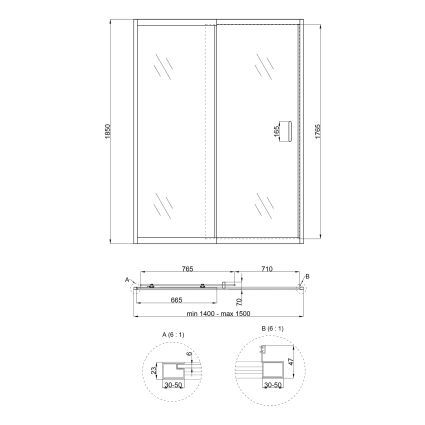 Душевая дверь в нишу Qtap Taurus CRM2014-15.C6 140-150x185 см, стекло Clear 6 мм, покрытие CalcLess - 2