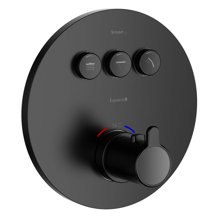 SMART CLICK смеситель для ванны, термостат, скрытый монтаж, 3 режима, кнопки с регулировкой потока, круглая накладка, латунь, черный - 1