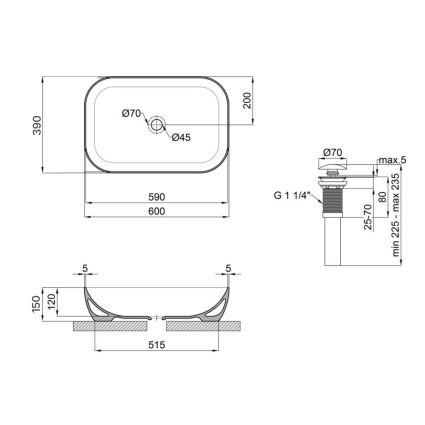 Раковина накладна Qtap Robin 600x390x150 мм, Stone grey, прямокутна, з донним клапаном QTROB188SG49786 - 2