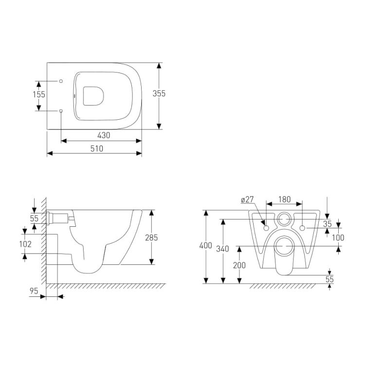 SOLO Rimless унітаз підвісний, сидіння тверде Slim slow-closing 51*35,5*33 см - 2