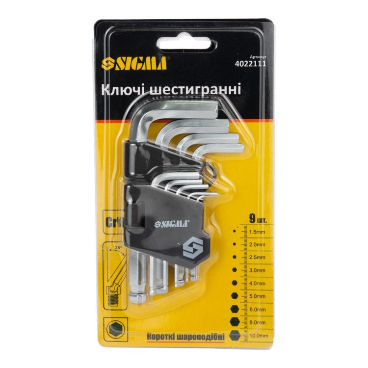 Ключи шестигранные 9шт 1,5-10мм CrV (короткие шар) Sigma (4022111) - 2