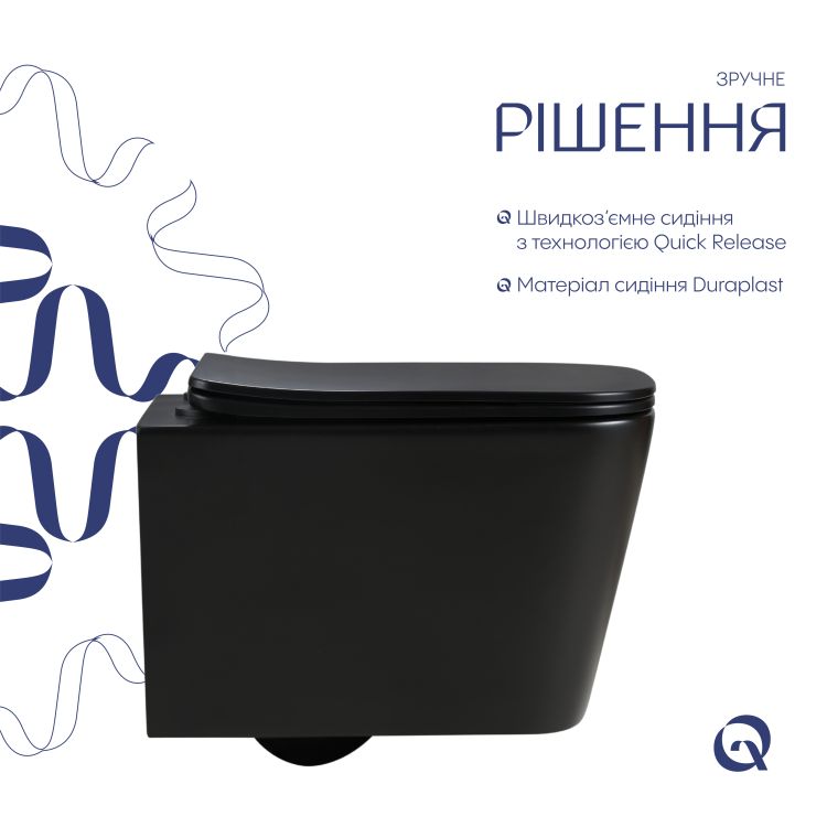 Унітаз підвісний Qtap Crow Ultra Quiet 485×340×290 мм, Matt Black, з сидінням Slim Duroplast/ Soft-close/ Quick Release QT05335171MB - 4