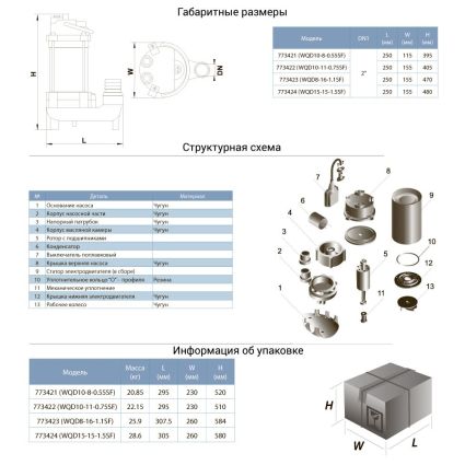 Насос канализационный Aquatica 0.75кВт Hmax 14 м Qmax 275 л/мин (нерж.) 773422 - 2