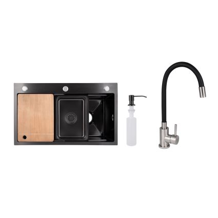 Акційний набір Lidz: мийка інтегрована Decor Black PVD Honeycomb 3,0/1,0 мм + Змішувач Aria для кухні з гнучким виливом (k35) Black - 1