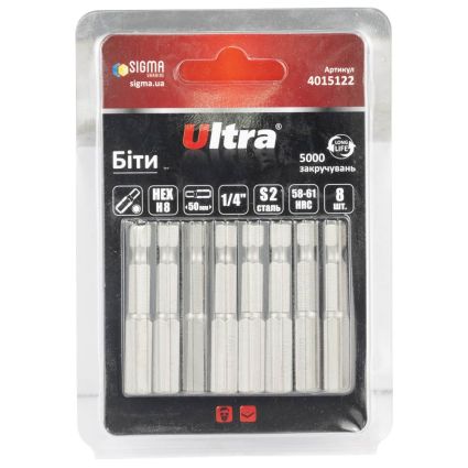 Биты HEX 8×50мм ¼&amp;quot; 8шт S2 (блистер) ULTRA (4015122) - 1