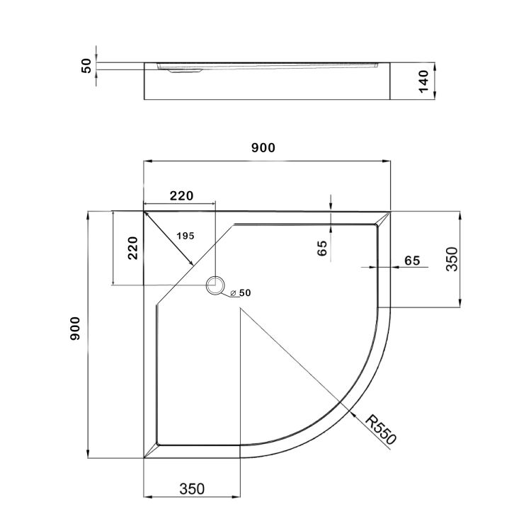Душовий піддон напівкруглий акрил KAPIELKA ST90x90x14,мілкий,д/злива 52 мм Lidz - 2