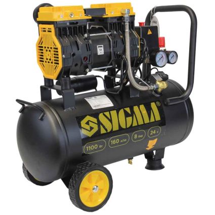 Компрессор двухцилиндровый безмасляный 1.1кВт 1400об/мин 160л/мин 8бар 58дБ 24л SIGMA (7042521) - 2