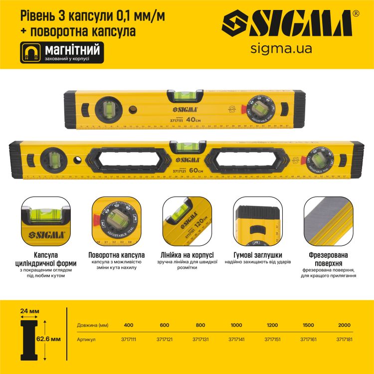 Уровень магнитный 3 капсулы + поворотная капсула 2 рукоятки 120см SIGMA (3717151) - 6