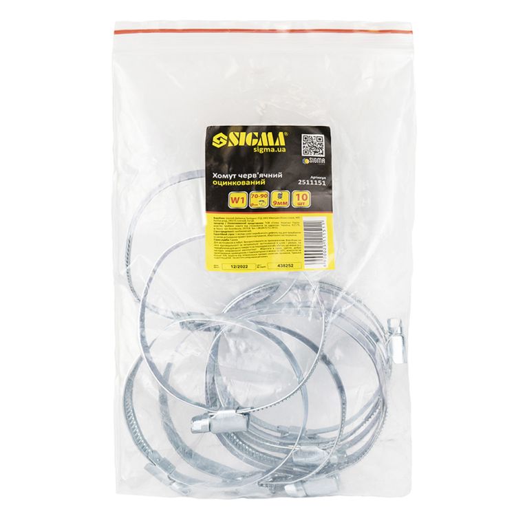 Хомут черв'ячний оцинкований 9мм D70-90мм 10шт Sigma (2511151) - 5