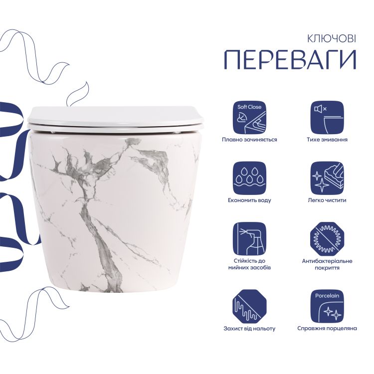Унітаз підвісний Qtap Robin Ultra Quiet 520×365×340 мм, Marble, з сидінням Slim Duroplast / Soft-close / Quick Release QTROB26MR48998 - 3