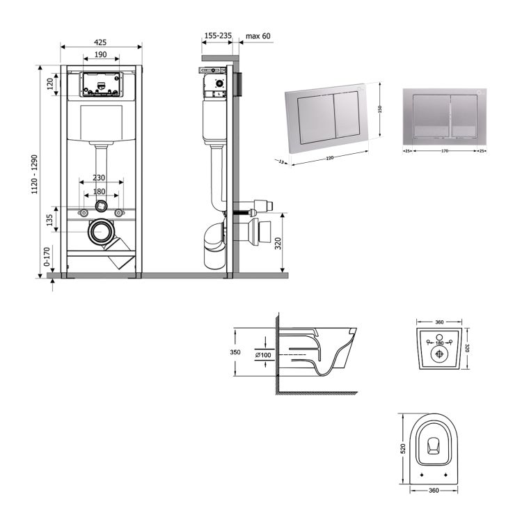 Готове рішення Qtap для ванної кімнати: підвісний унітаз Jay Ultra Quiet 520x360x320 + комплект інсталяції Nest 4 в 1 (квадратна клавіша Satin) - 2