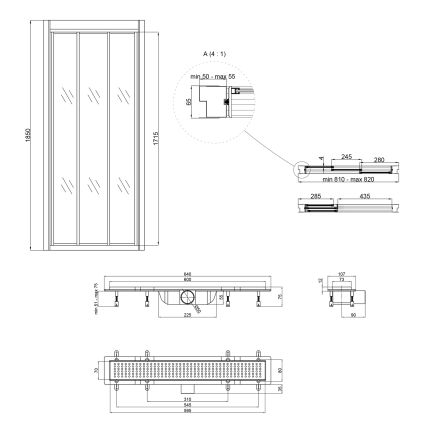 Набор Qtap дверь в нишу Unifold CRM208.C4 78-81x185 см, стекло Clear 4 мм, покрытие CalcLess + трап линейный Dry FB304-600 с сухим затвором и нержавеющей решеткой 600х73 мм - 2